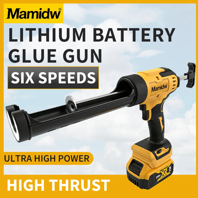 Mamidw Lithium Battery Caulking Gun 6 Adjustable Speeds High Thrust Ultra High Power Cordless Electric Glue Gun for Construction Sealant Glass Glue Dispensing