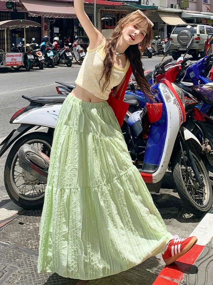 Qiukichonson 2024 Summer Wrinkled White Pleated Skirt Women Goth Lolita High Waisted A-Line Green Long Skirts Midi falda plisada