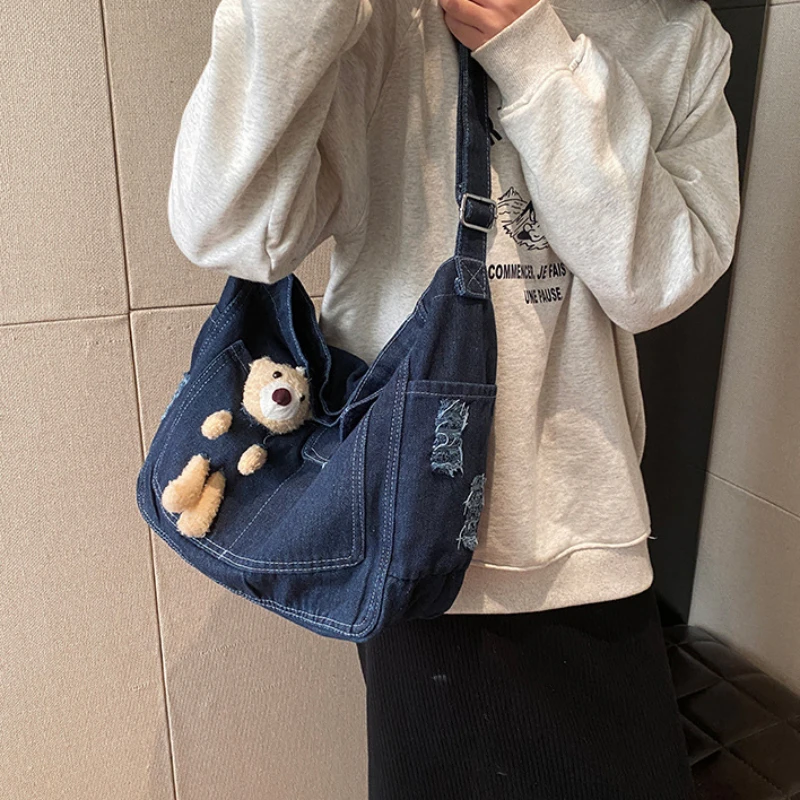 Cartoon Bear Washed Denim Postman Bag Forest Cute Commuting Shoulder Bag Fashionable Large Capacity Crossbody Tote Bag