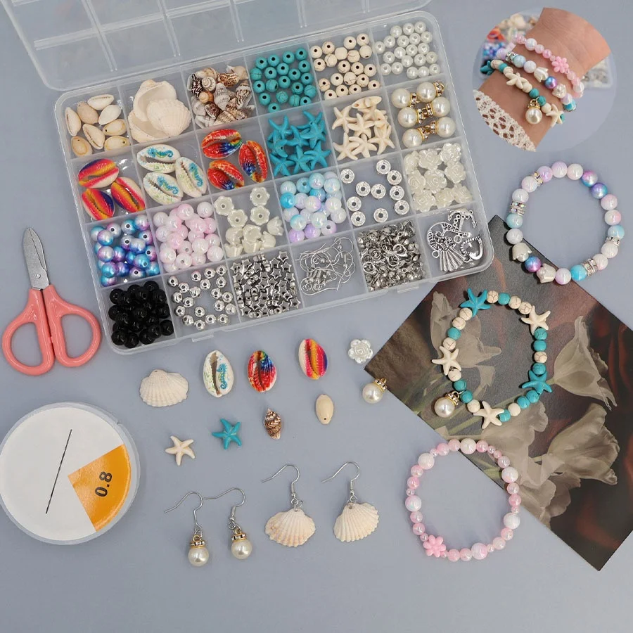 24 Grid Box Ocean Series Beading Kit, Mixed Pearl Beads & Assorted Beads, DIY Materials for Bracelet Jewelry Making