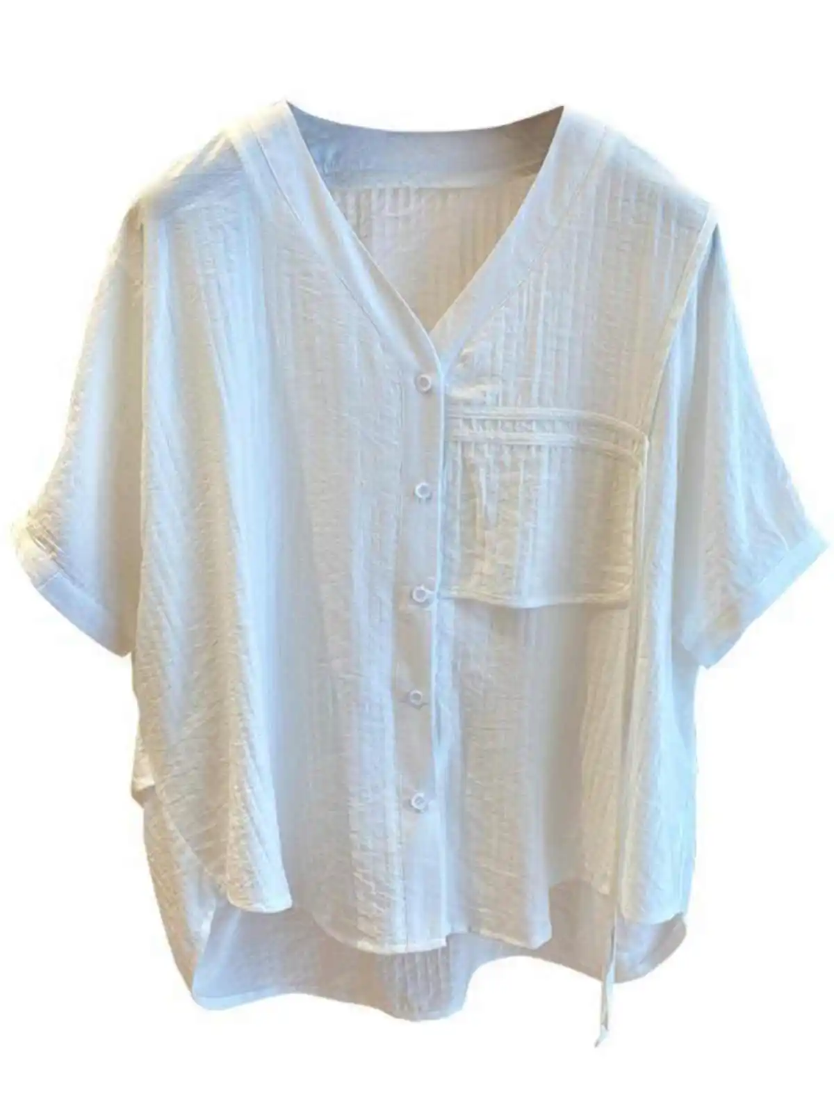 Camicia da donna semplice in tinta unita per pendolarismo, maniche corte irregolari larghe estive, top monopetto con scollo a V di grandi dimensioni