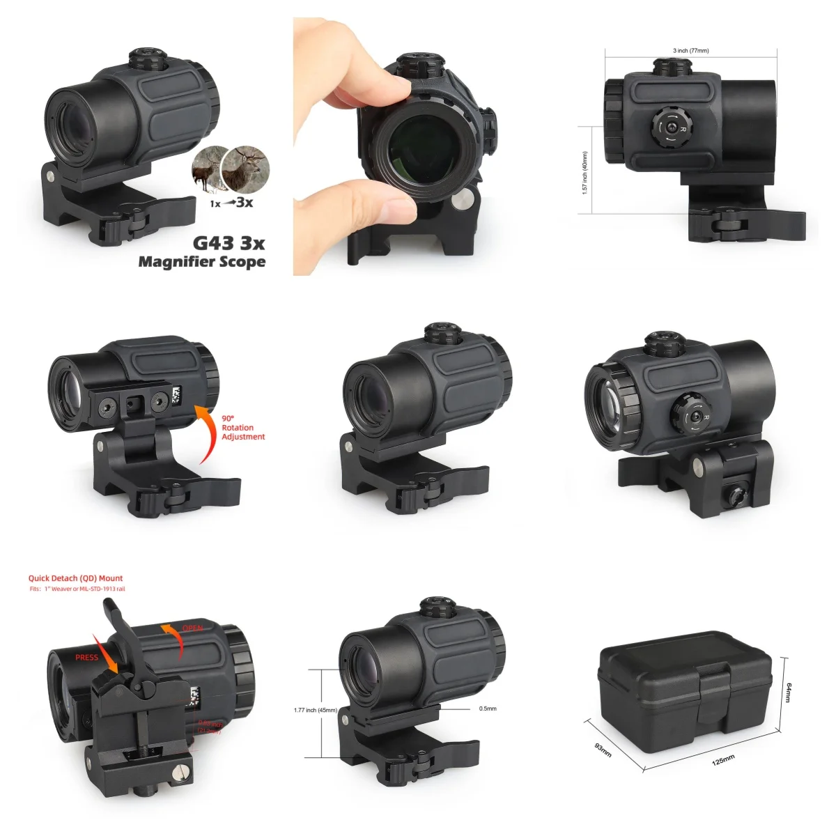 High quality G33 G43 3X Magnifier Scope with Quick Detachable QD Riser Scope Mount