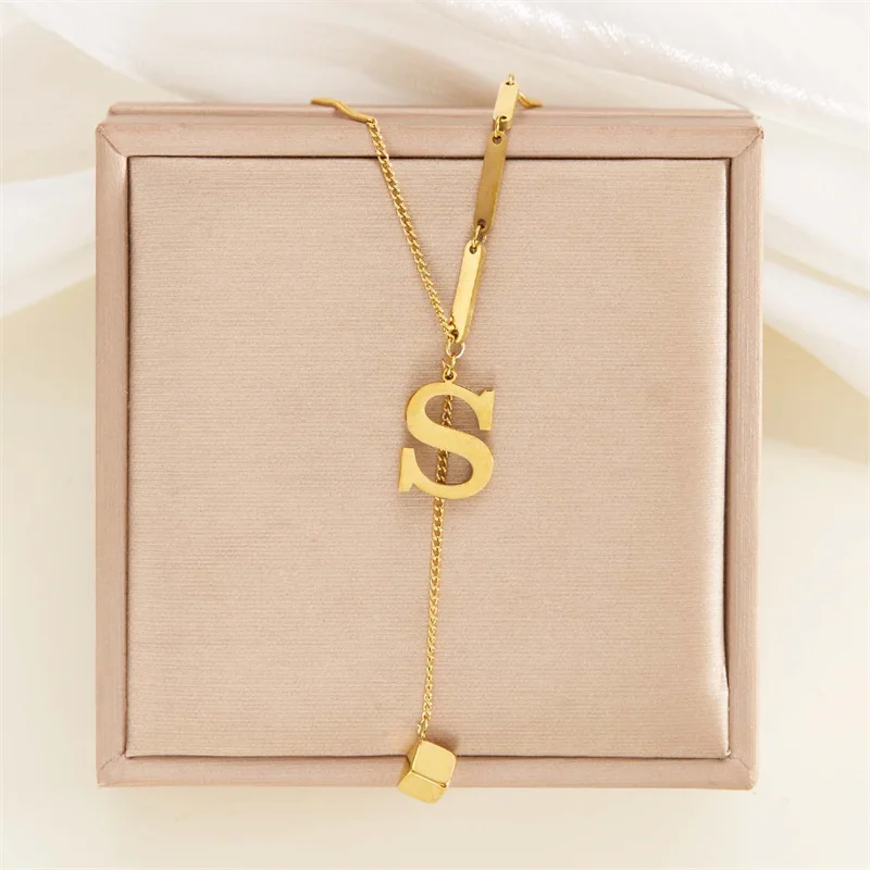 Punk A-Z Letter Initial Geometric Pendant Necklace for Women Silver Color Stainless Steel Choker Clavicle Chain Alphabet Jewelry