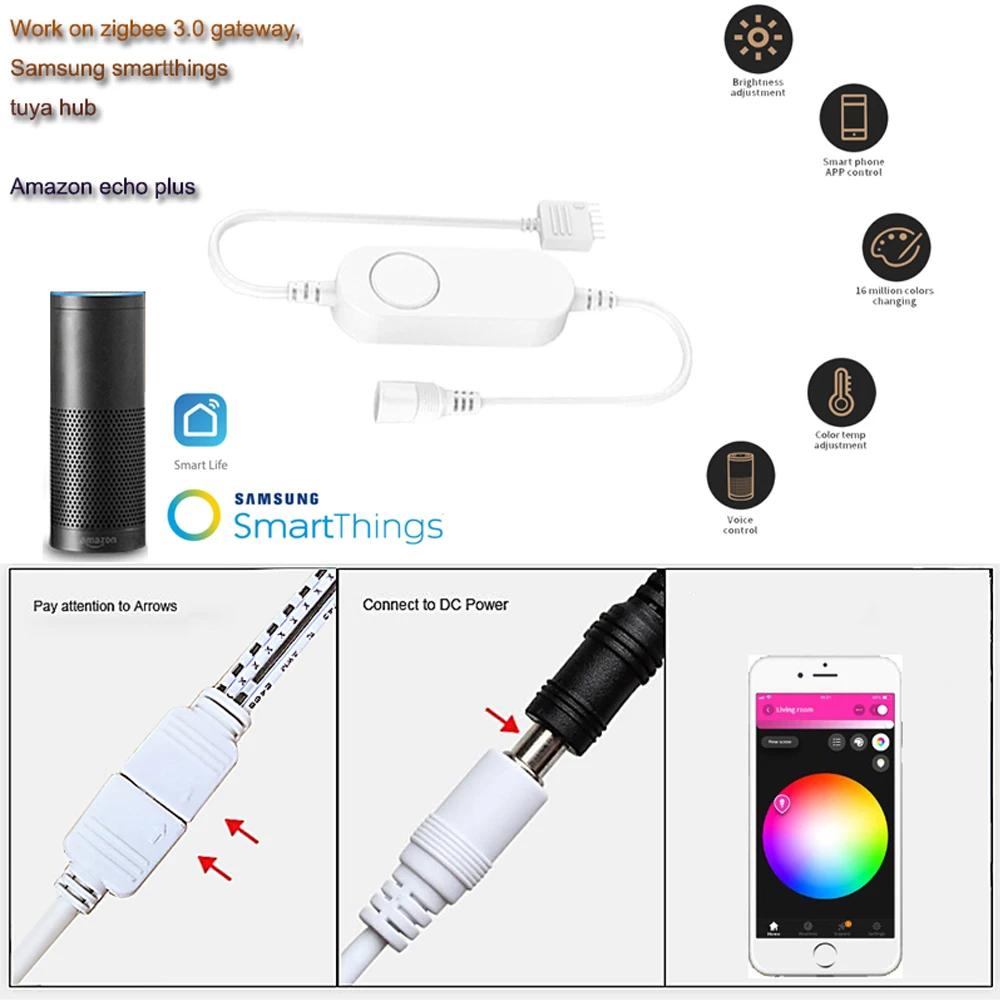 DC12V Zigbee RGB LED Under Cabinet Lighting Dimming Kitchen Counter Furniture Lighting Kit For Smartthings tuya Hub Echo Plus