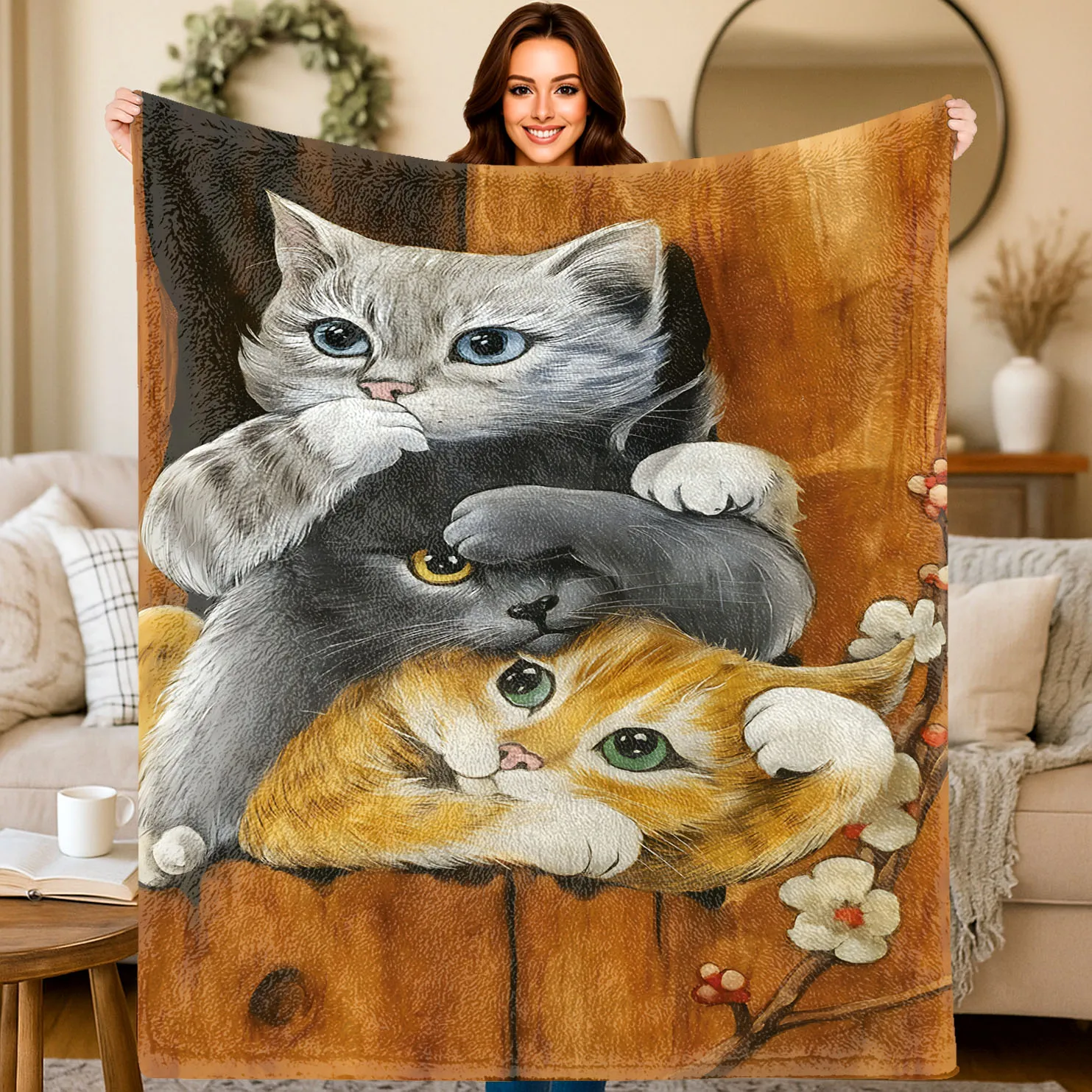 Warmth - Three Cats Theme Flannel printed blanket suitable for all seasons suitable for living room office sofa and travel