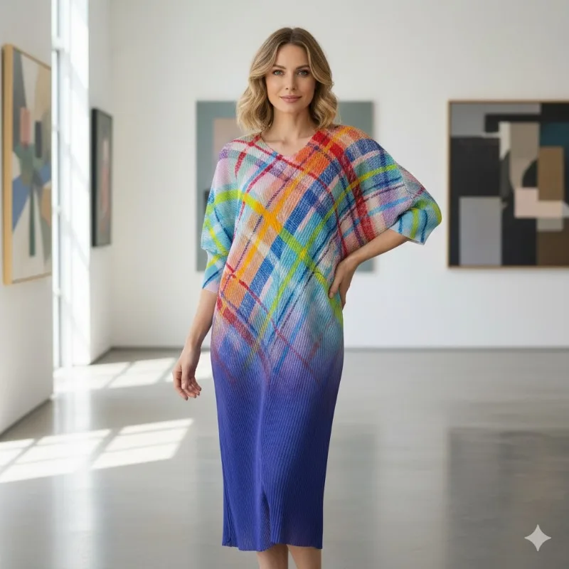 

Плиссированное платье Miyake 2026: Новинка весенней коллекции, элегантное французское повседневное длинное платье с нерегулярным принтом и плиссировкой для женщин