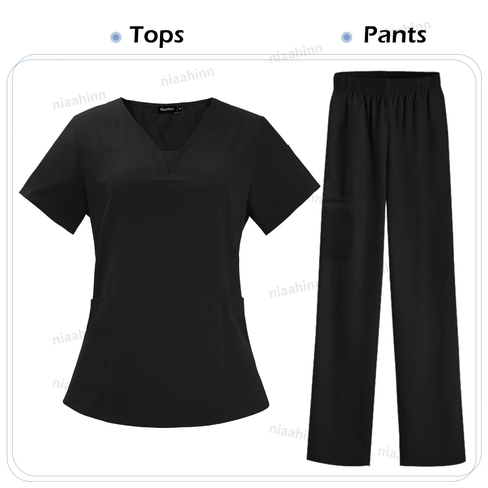 Dental Peeling T-shirt Mode Einfache Krankenschwester Uniform V-ausschnitt Kurzarm Top Jogger Hosen Klinik Jacke Pflege Zubehör Frauen – Detail 11
