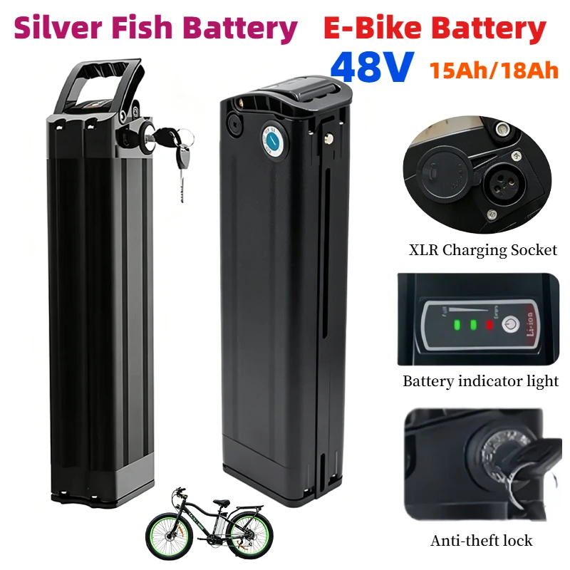 Folding E-Bike Battery 48V 15Ah/18Ah – Integrated BMS, Silverfish Type, for Bafang Motor Kit 250W-1000W, 2A Charger Included