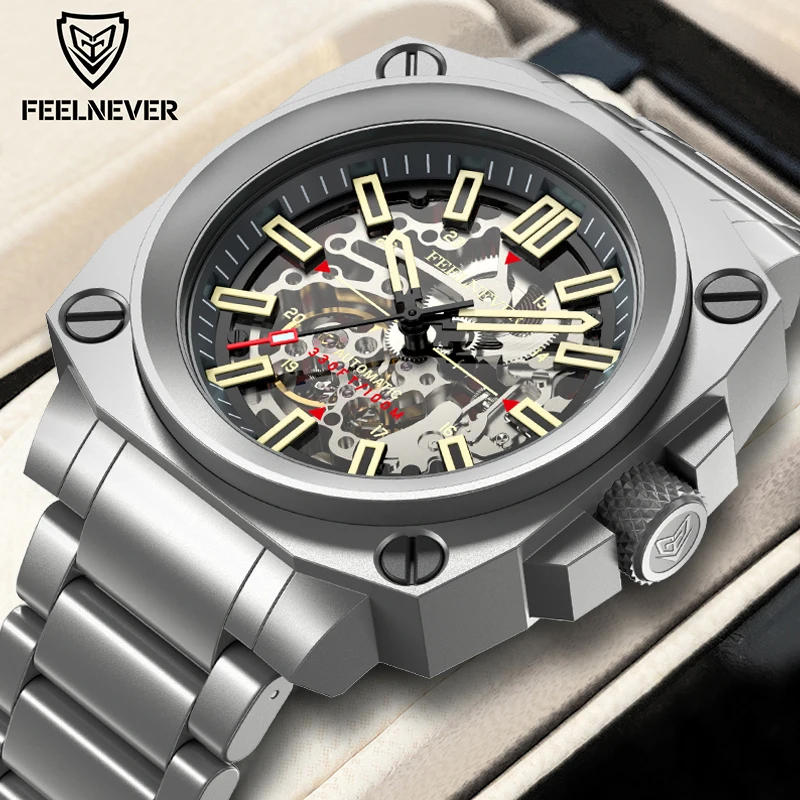 FeelNever Hollow Out Mechanical Man Watch Top Brand Luxury Stainless Steel 100M Waterproof Casual Sport Luminous Watches for Men