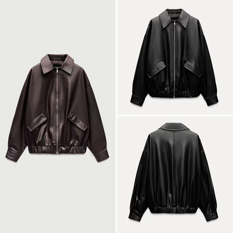 جاكيت نسائي فضفاض بأكمام طويلة وياقة مقلوبة، تصميم ربيعي جديد لعام 2025، معطف من الجلد الصناعي بأسلوب الشارع العصري من زاداتا #3