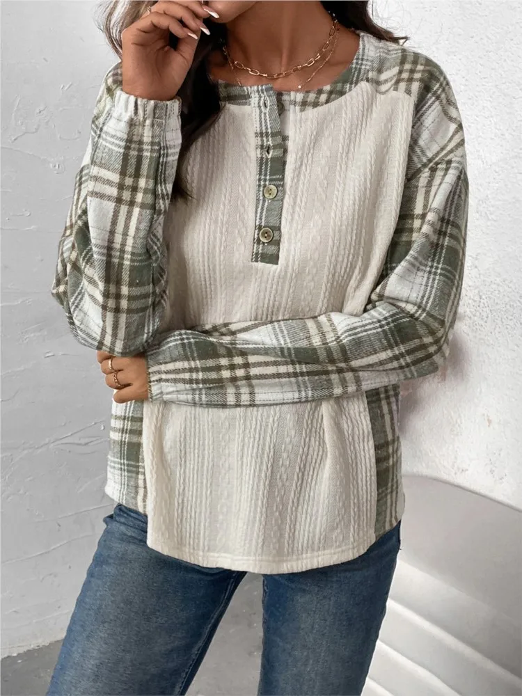 

Women's Clothing Casual Pullover Retro Plaid Patchwork Top For Women Simple Style Comfortable All-match Commuting Buttons Trendy
