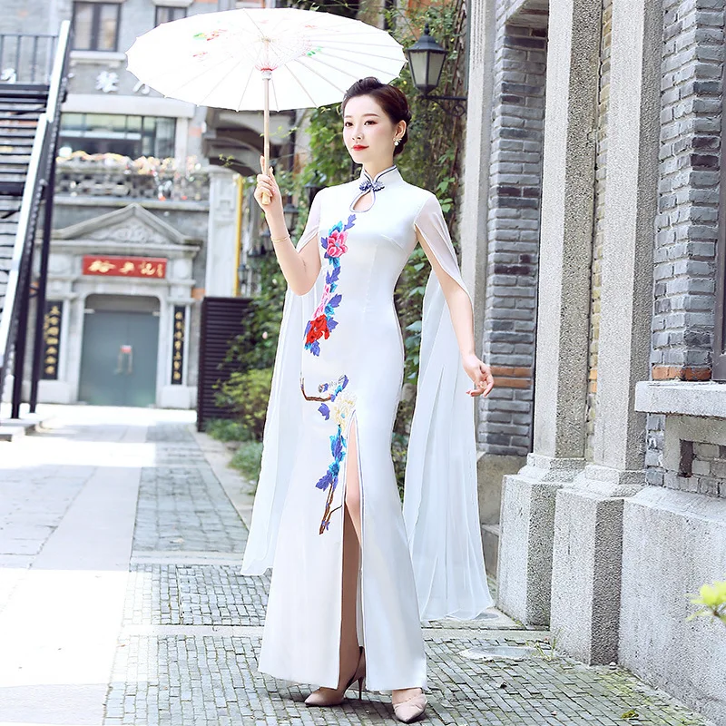 

Chinese Style Women Mandarin Collar Qipao Oversize 3XL Flower Satin Cheongsam Sexy White Dress Mermaid Business Vestidos