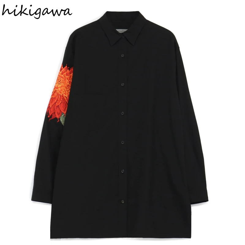 Harajuku Blouse for Women 2023 Blusas Mujer De Moda Oversized Tops Streetwear BF Fashion Embroidery Floral Black Blouses Shirts