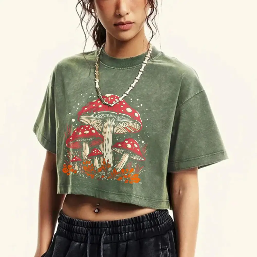 Women\'s Cotton Crop Tops Trend O-Neck Distressed Washed T-Shirts Red Mushroom Personality Graphic Printed Tees Street Clothes