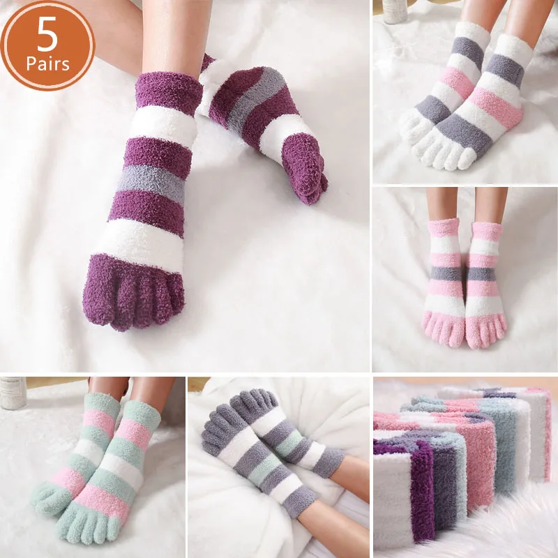 

5 пар зимних носков с махровыми толстыми коралловыми бархатными полосками, теплые напольные носки для сна в домашних условиях, пять пальцев против холодного снега