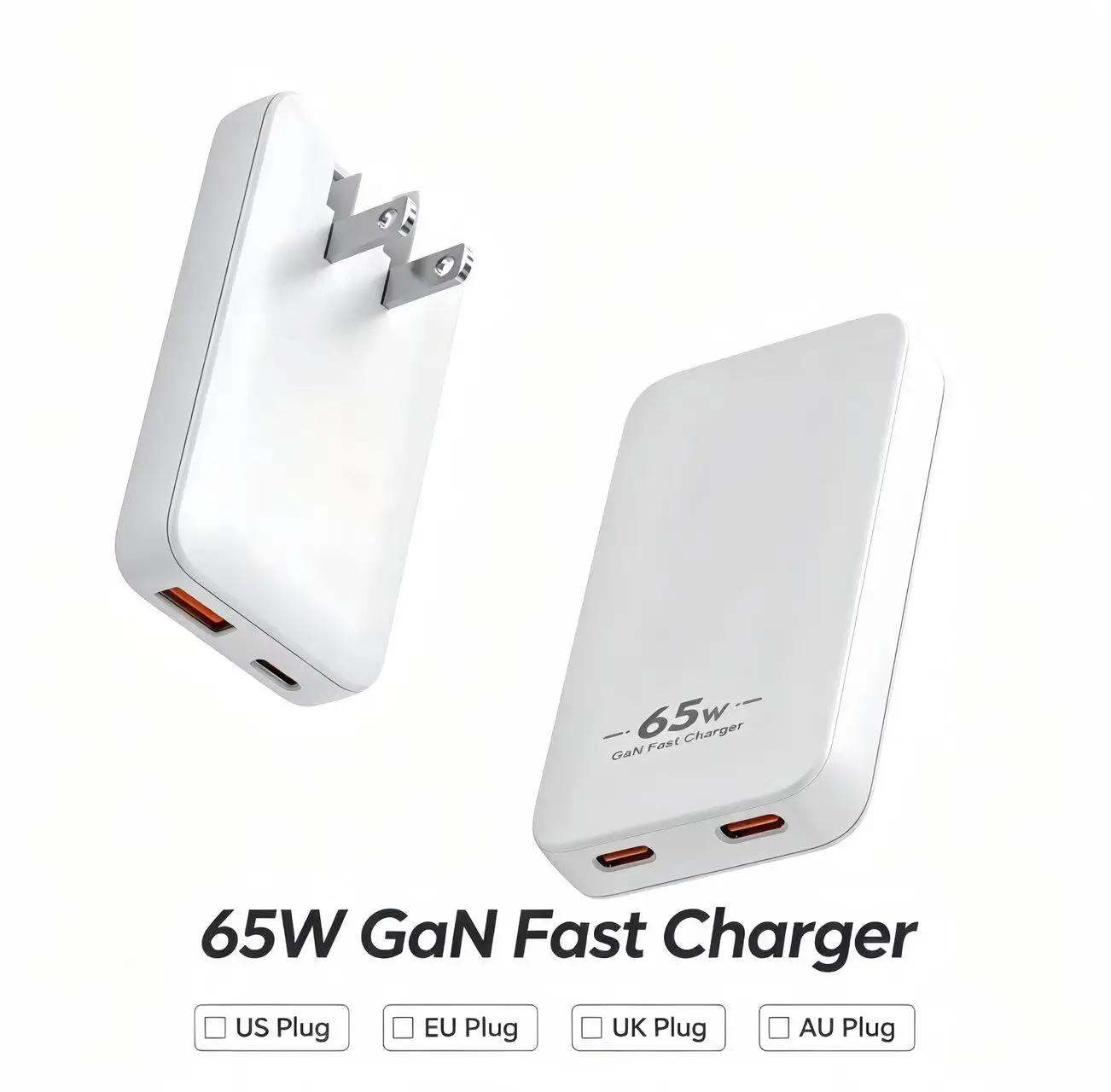 65W USB-C GaN Charger with Foldable US Plug & Detachable EU/UK/AU Plugs, Fast Charging for iPhone, iPad, Samsung Galaxy Series