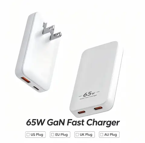 65W USB-C GaN Charger with Foldable US Plug & Detachable EU/UK/AU…