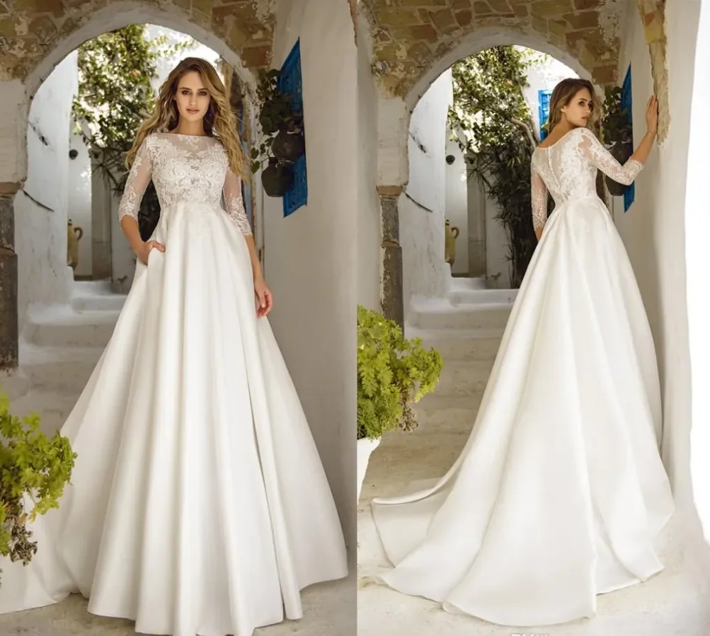 

Elegant Bateau Neck Wedding Dresses with Pockets Satin 1/2 Sleeves Applique LaceTulle Wedding Dress Bridal Gowns Cheap Vestidos