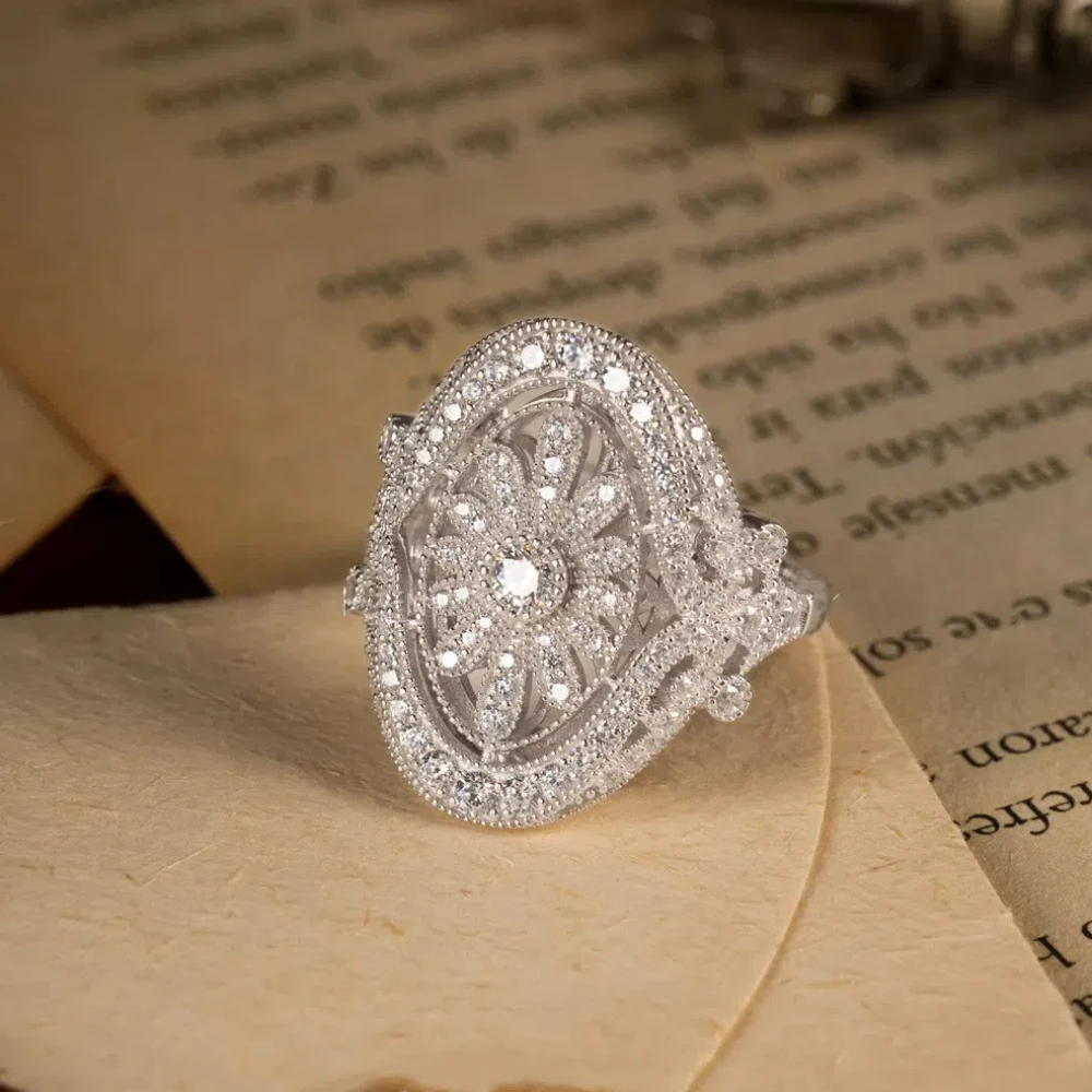 Vintage Daisy Ring 925 Sterling Silver Openwork Diamond Ring  For Women Wedding Band Rings Fine Jewelry