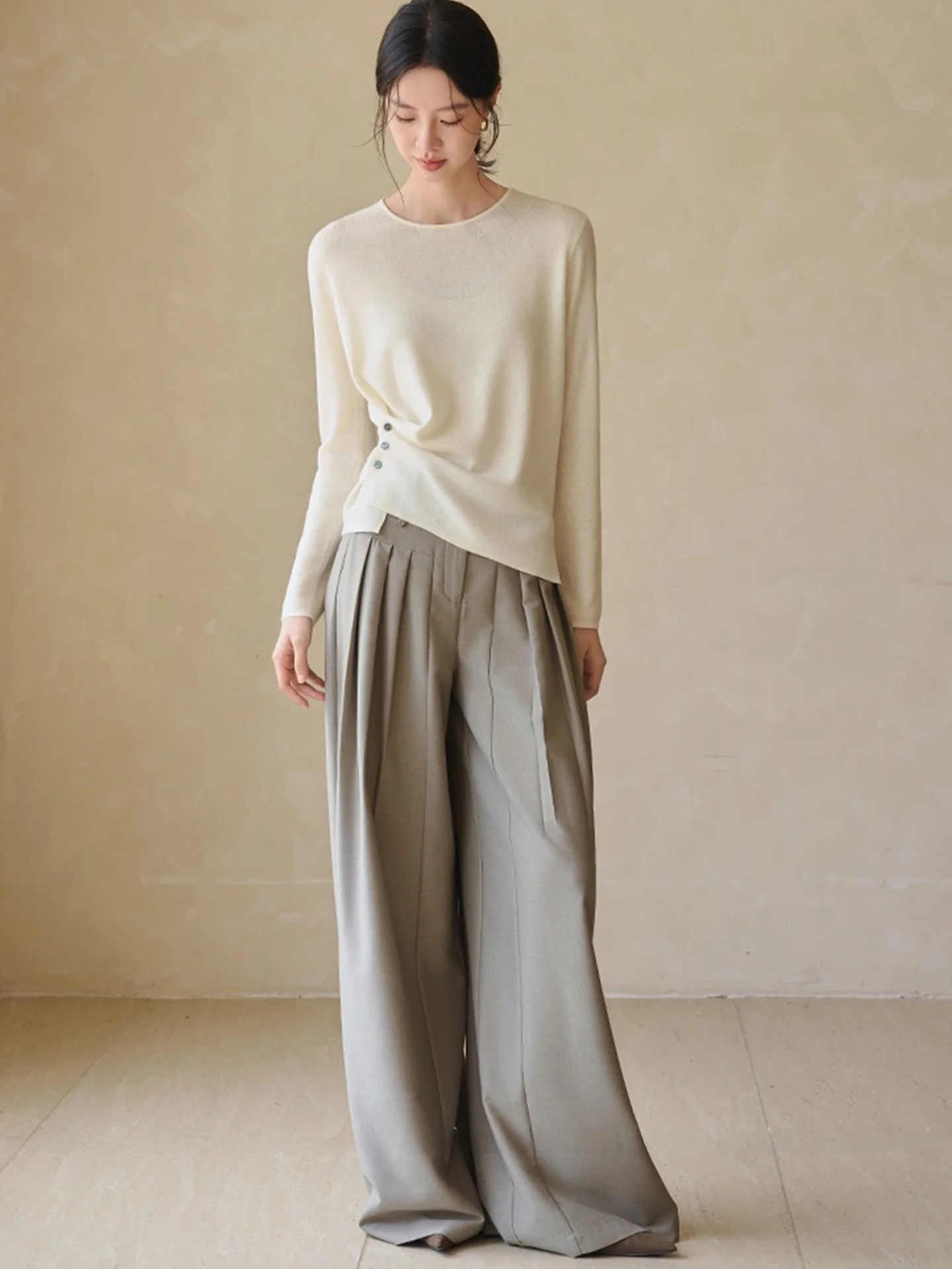 

Ele round Ne Knitwear Comfortable Long Sve Top Skin-friendly Simple Sli Korean Sle Camere Straight Cut irt