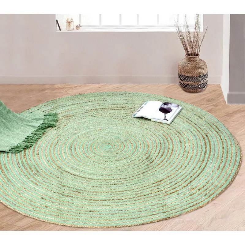 Round Rug Natural Jute Braided Handmade Carpet Farmhouse Area Rug Beige + Green