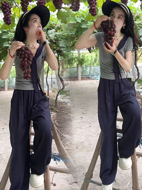 

Korean Sle Anti-Aging Faionable Summer New Splicing oulder Casual Pants Two-Piece Set Women's V-ne ort Sve T-irt