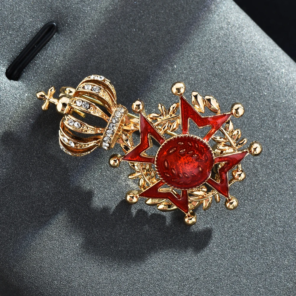 Red Crystal Crown Star Brooch Pins Women Jewelry Accessory For Suit Small Badge