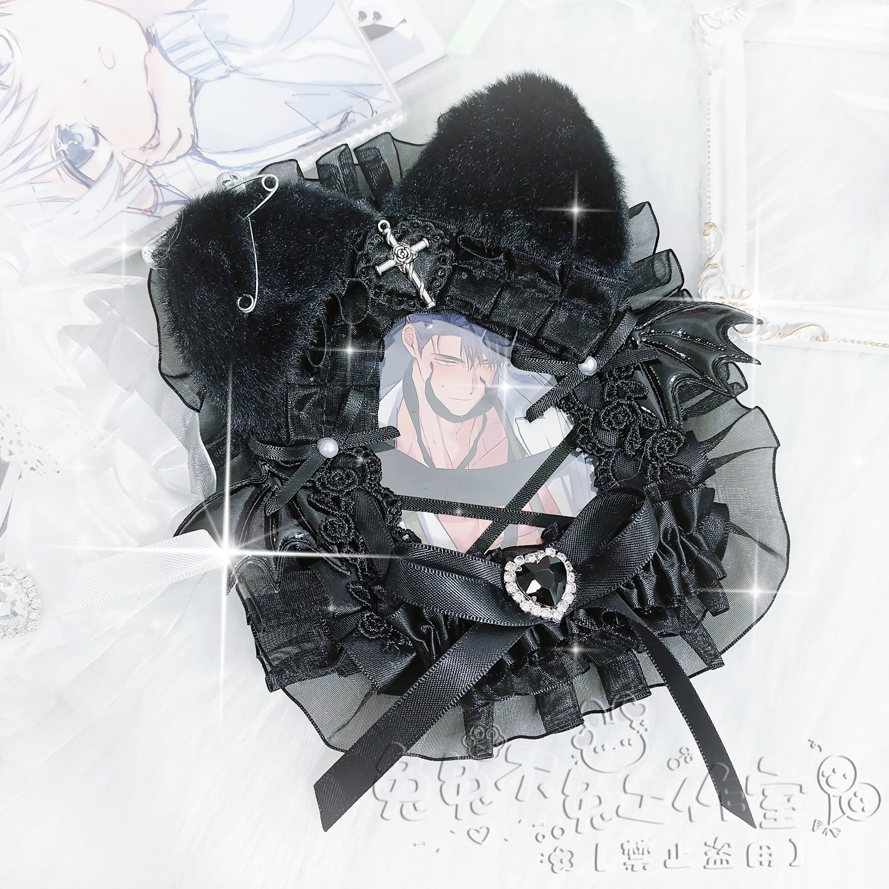 

3 Inch Photocard Sleeve Keychain Black Cool Handmade Cat Ear Cross Decor Devil Wings Lace Card Toploader