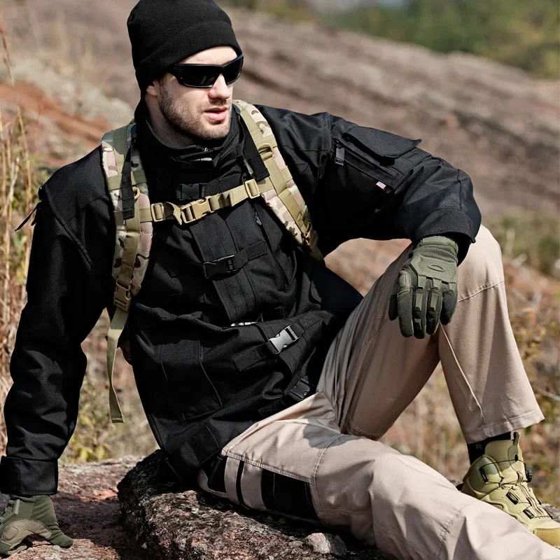 Pop Tactical Jacket Men Waterproof Wear-resistant Multi-pocket Jackets Outdoor Hiking Windproof Motorcycle Coat Multi Pocket