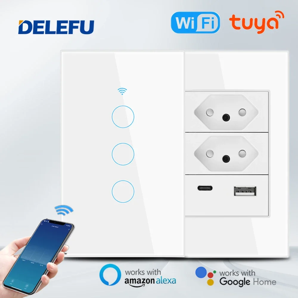 

Delefu White 10A 20A 118 Brazil Standard Glass Type C Socket Usb, Tuya Touch Switch with Socket, Switch with Smart Socket Wifi