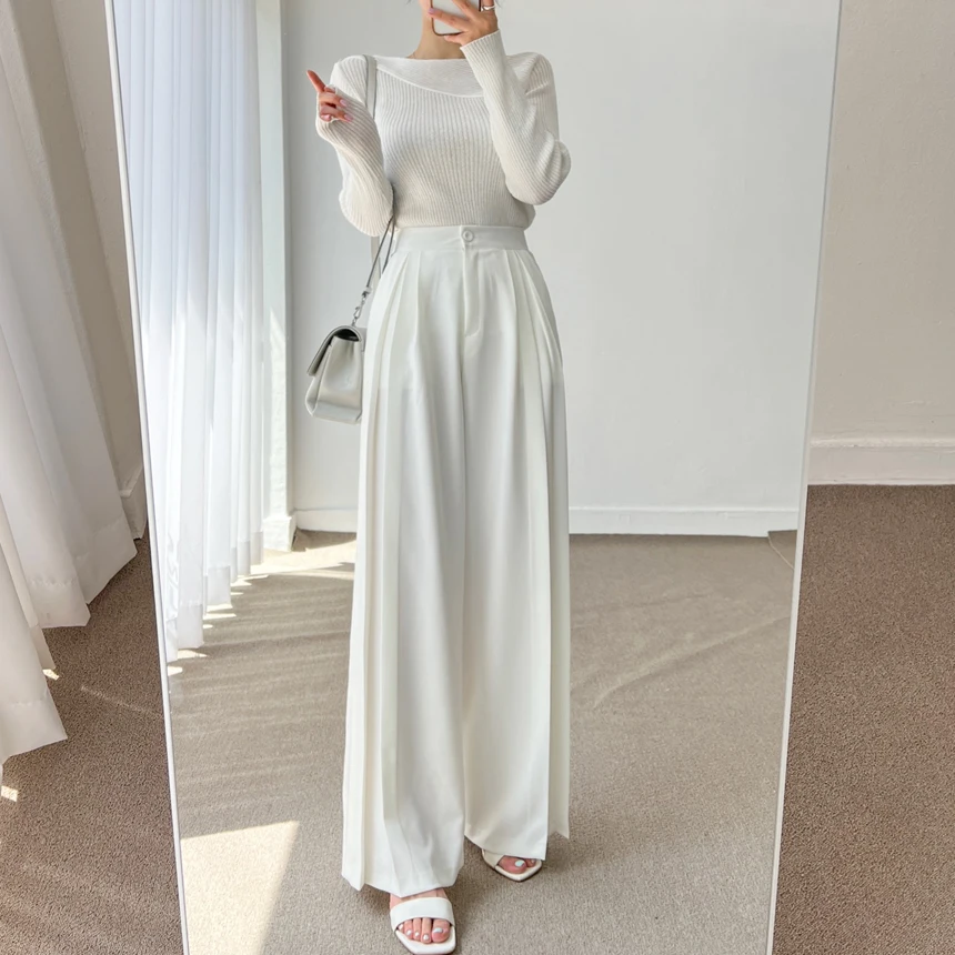 

Summer High Waist Women Office Lady Wide Leg Pleated Pant Korea Fashion Chic Full Length Black Loose Female OL Trousers Casual