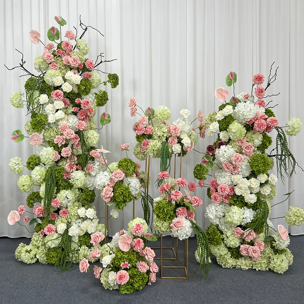 Luxury 5D Green Pink Artificial Hydrangea Orchid Flowers Wedding Backdrop KT Board Decoration Table Stage Event Floral Prop - view 5