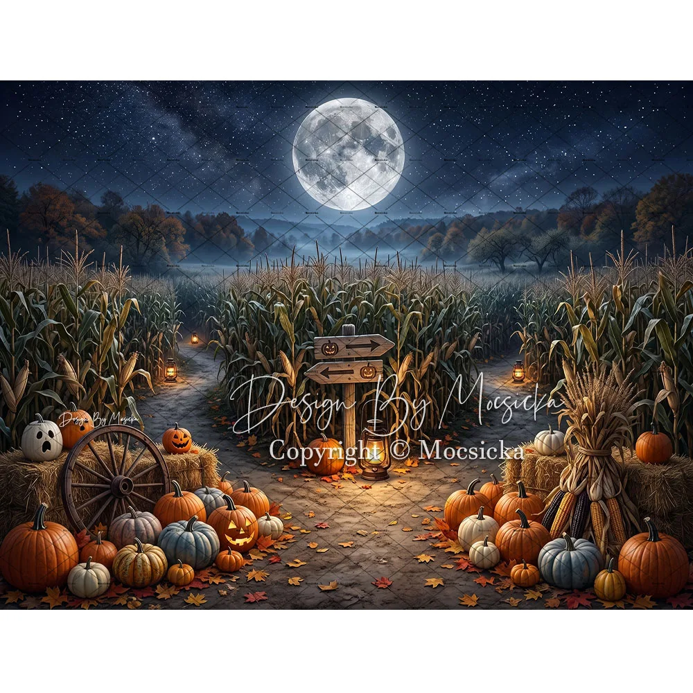 Mocsicka Backdrop Photography Halloween Night Cornfield Full Moon Pumpkin Lantern Pathway Background Spooky Baby Show Photozone