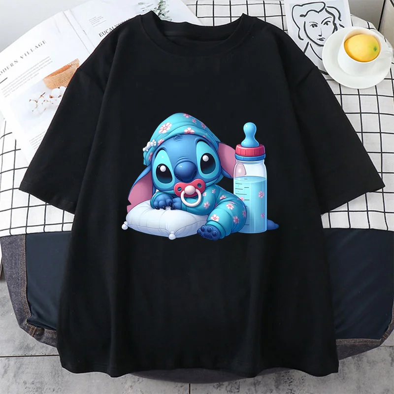 Funny Disney Stitch Anime Pattern T-shirt Printing Harajuku Summer Fashion Women Casual O-neck Black Short Sleeve Top Unisex