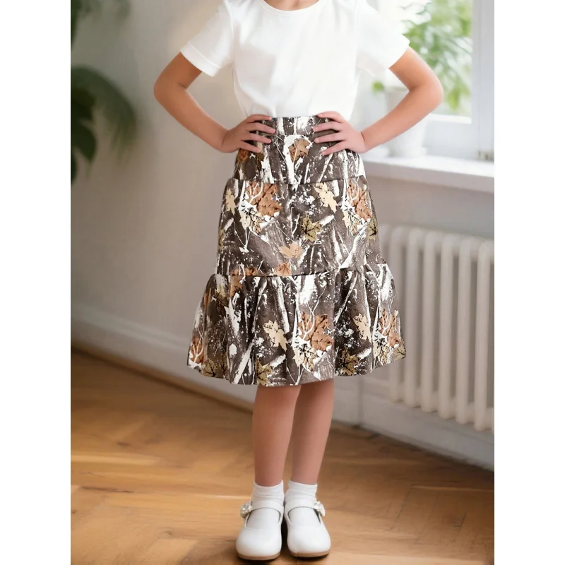 

2025 Girls Autumn Leaves Camouflage Print Skirt Retro Fashion Versatile High-Waisted Midi Skirt