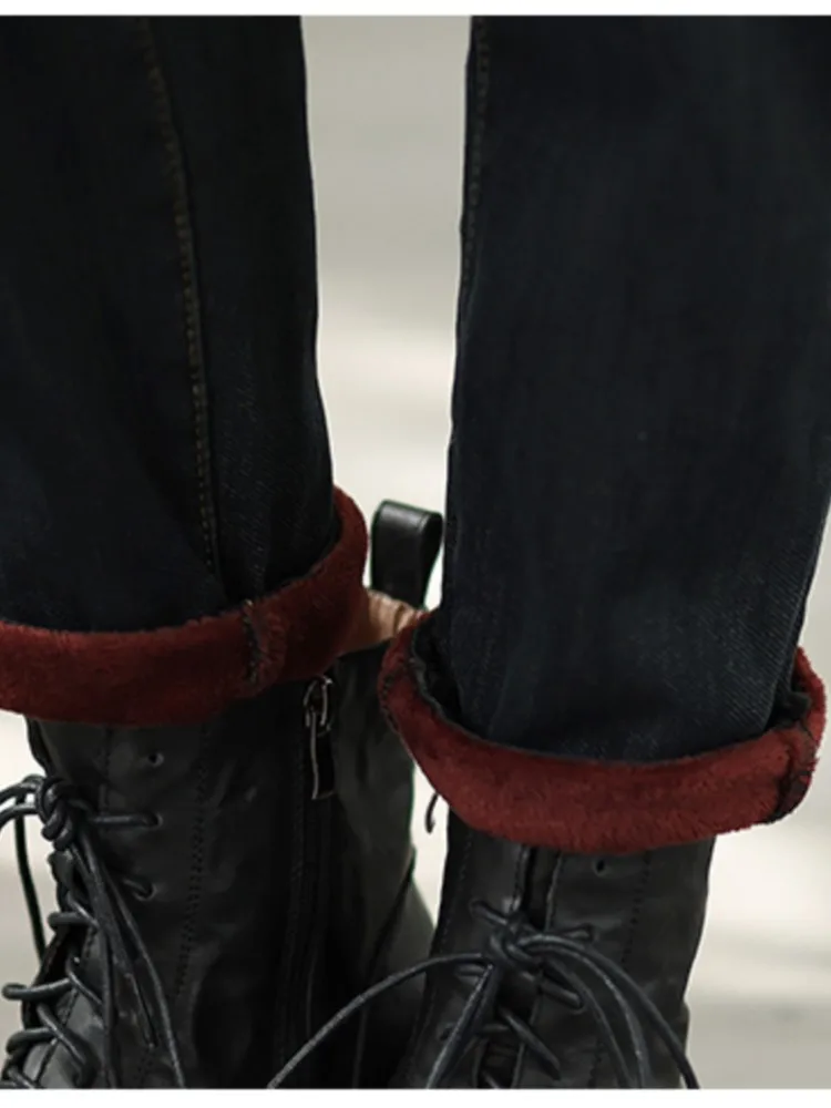 المتضخم الجينز الخريف الشتاء أفخم بانت المرأة طباعة التطريز أزياء السيدات الحريم السراويل مرونة عالية الخصر امرأة السراويل