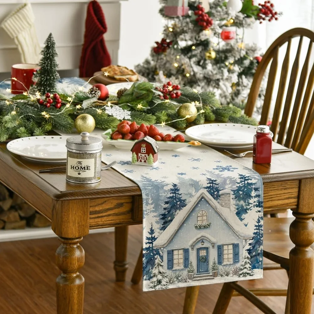Winter Snow House Snowflake Pine Tree Table Runner Happy Christmas Dresser Scarves for Indoor Outdoor Home Party Decoration