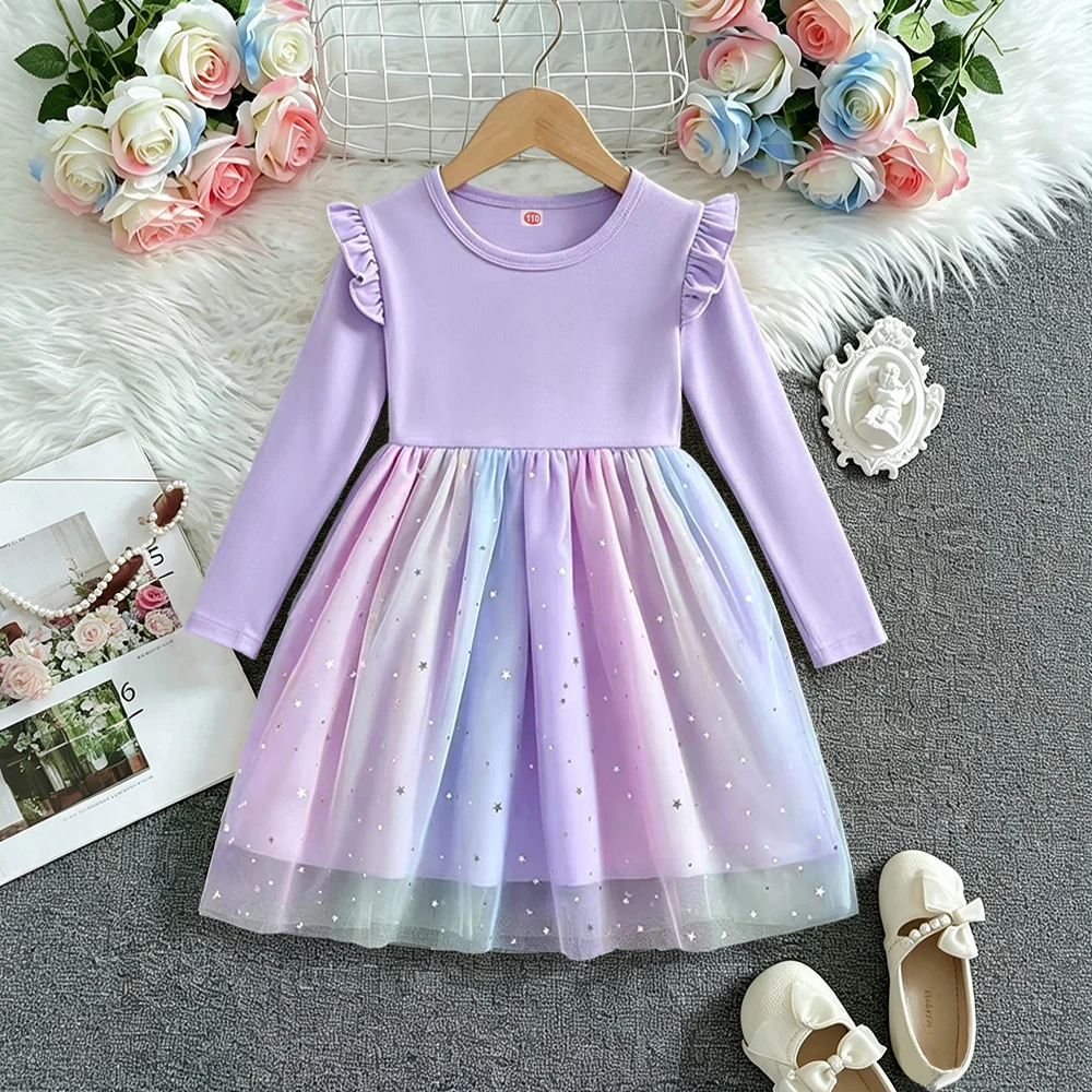 Neues Kleid für Mädchen, Kinderkleidung, Frühling/Herbst, langärmeliges Kleid mit Cartoon-Motiv, Prinzessinnenkleid, Kindergeburtstagskleid, Regenbogen, 2-8 Jahre – Detail 2