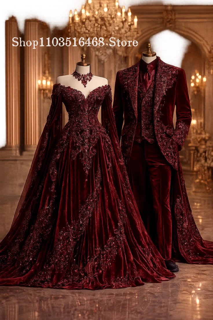 Burgunderrotes schulterfreies Samt-Brautkleid mit Perlen, maßgeschneidert, elegant, verträumt, langärmelig, Vintage-Brautkleid, Halloween-Abschlussballkleid