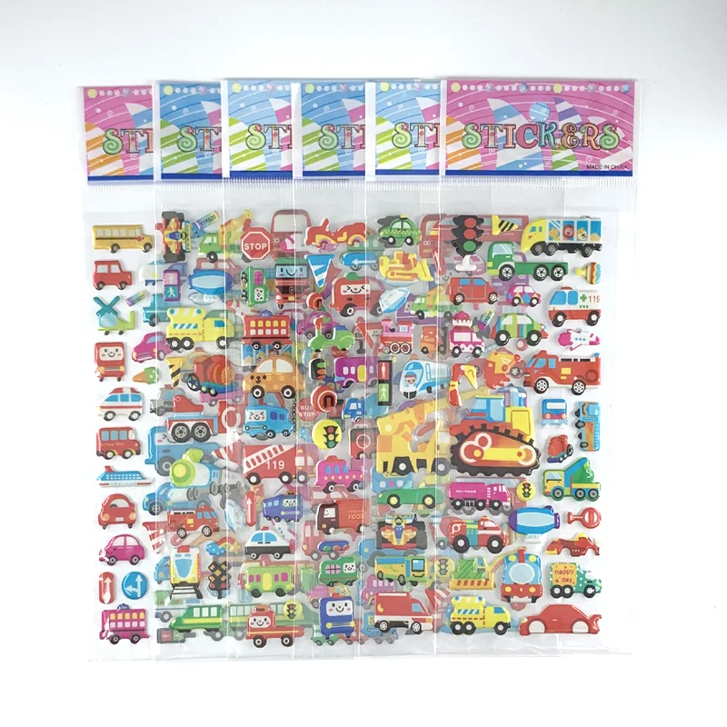 12 Sheets/Set Various Transportation Truck Cartoon Cars Bubble Sticker for Children Boys Scrapbook Stickers Educational Toys