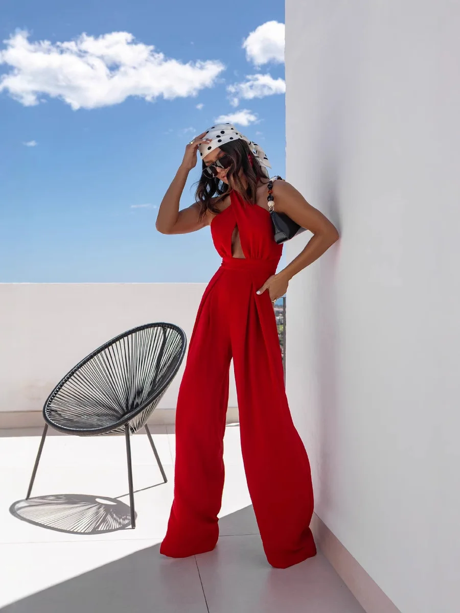 Sexy oulder Bared Pure Color Sve Jumpsuit Damespak Taille Cinching Lange Broek Pendelen Sle Zomeroutfit