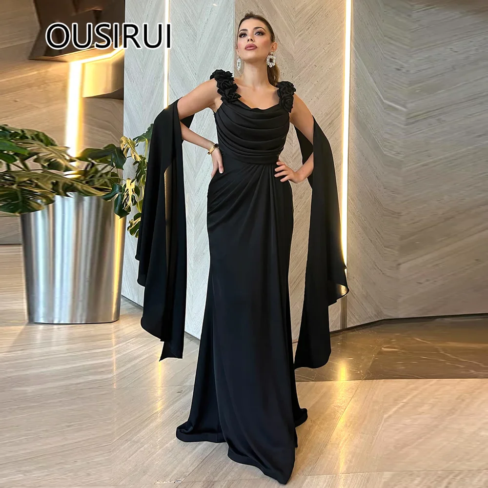 Spaghetti Straps Chiffon Sheath Custom Made Long Evening Arab Dress Open Back Flowers Pleated Bridal Evening Gown with Cape