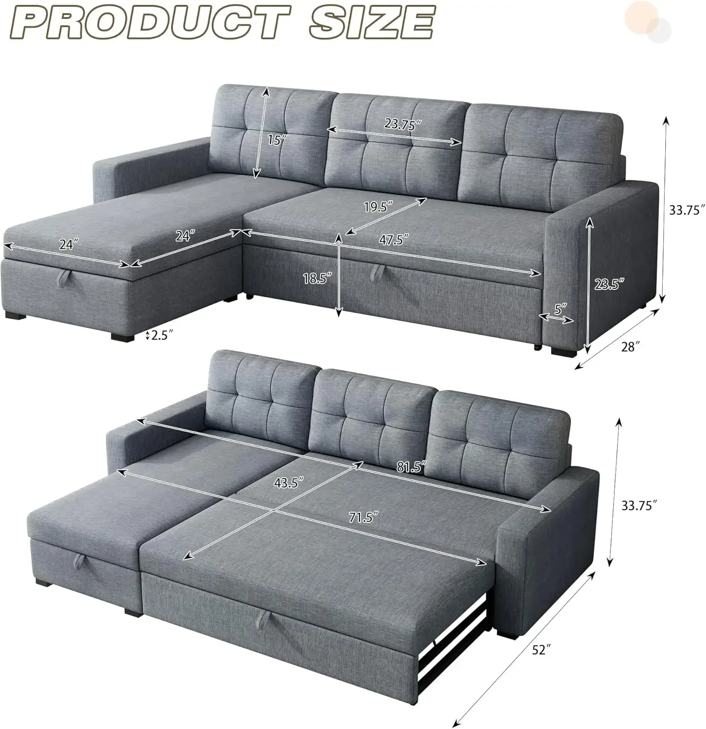 

home.81.5" Sectional Sofa with Storage Chaise & Pull-Out Bed,L-Shape Convertible Corner Couch W/ 3 Back Cushions