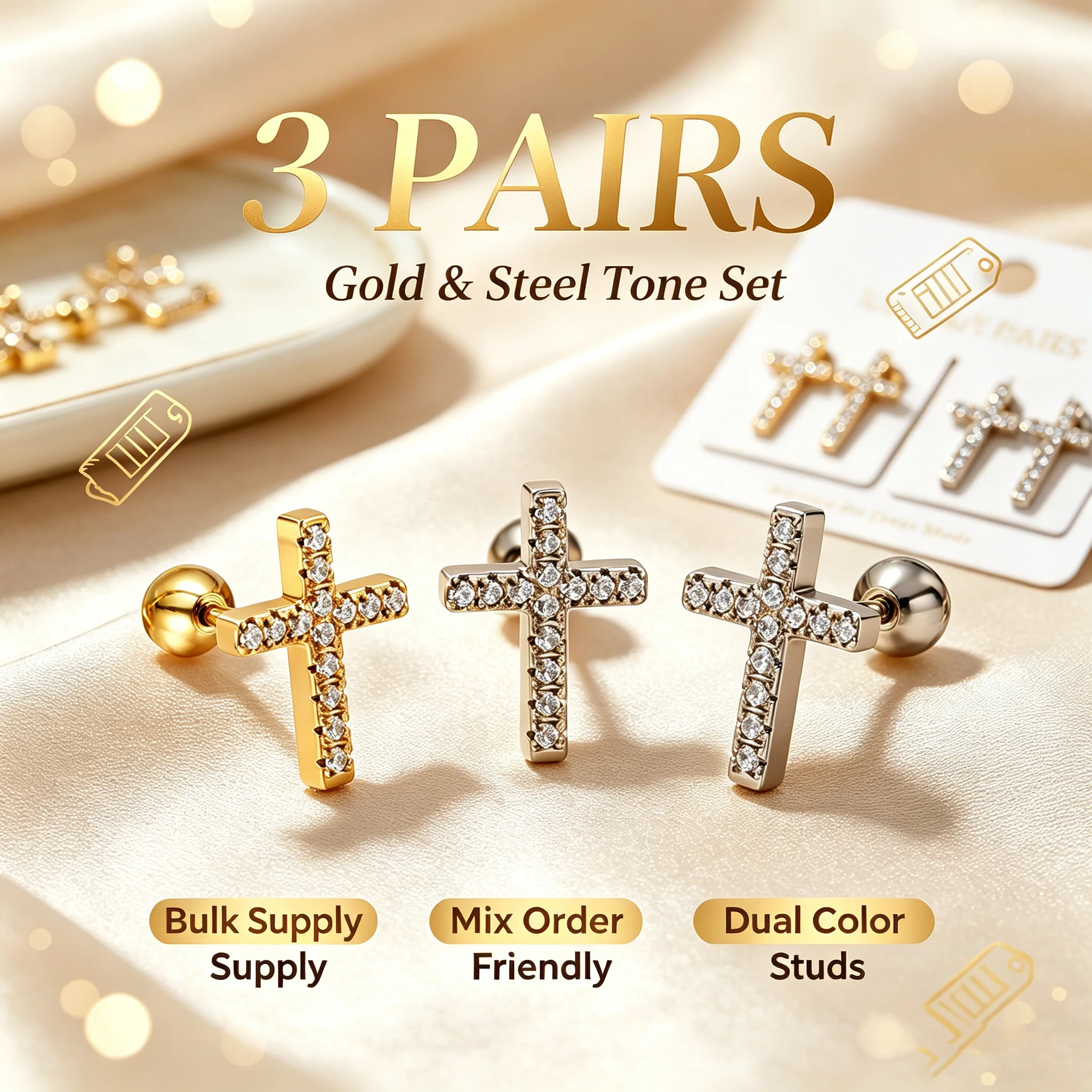 Wholesale Bulk 3Pairs Stainless Steel Gold & Steel CZ Cross Stud Earrings Dual Color Ball Screw Back Tiny Religious Jewelry
