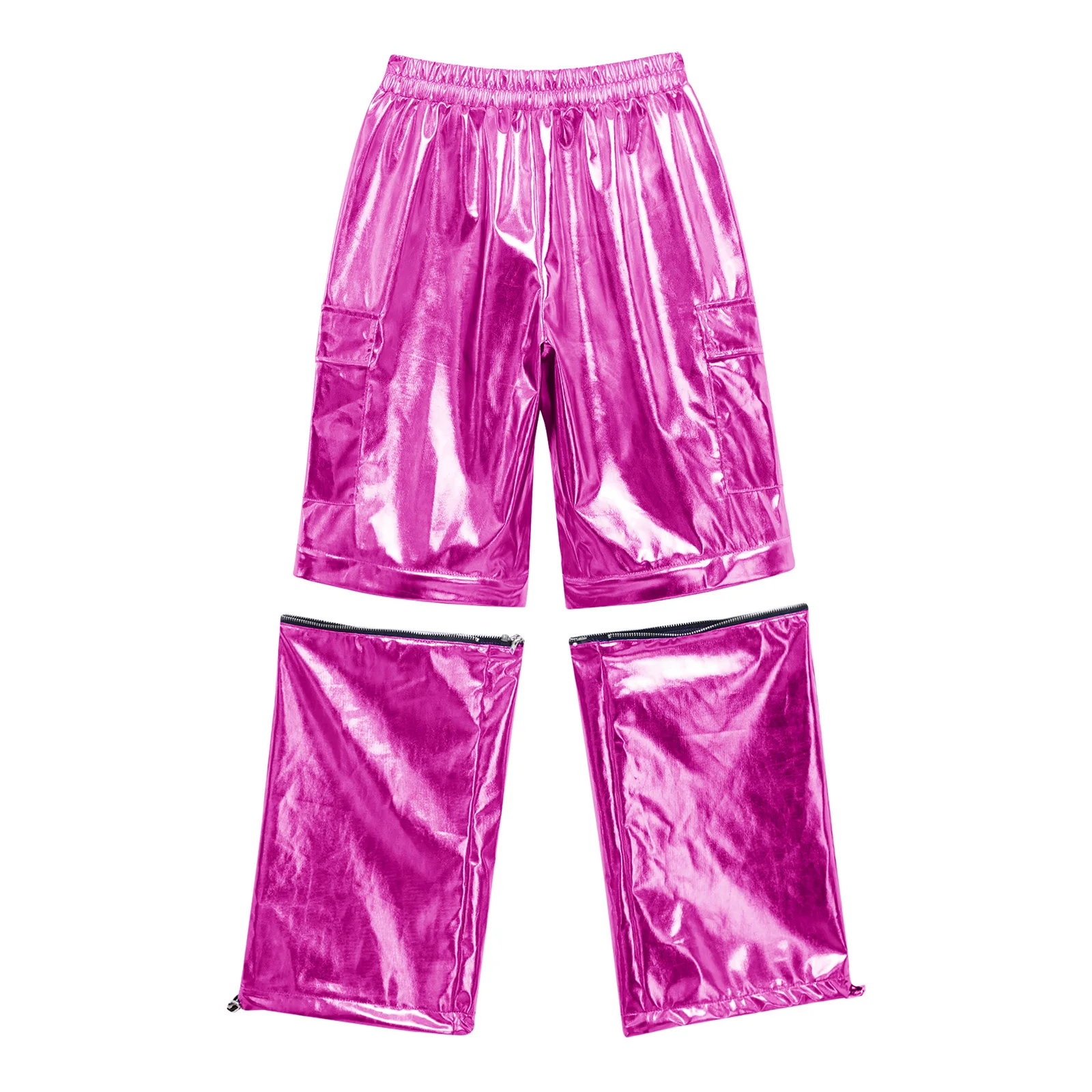 Teens Hip-Hop Pants Kids Boys Girls Metallic Cargo Pants Zip-Off Elastic Waist Trousers Fashion Children Jazz Dance Costume