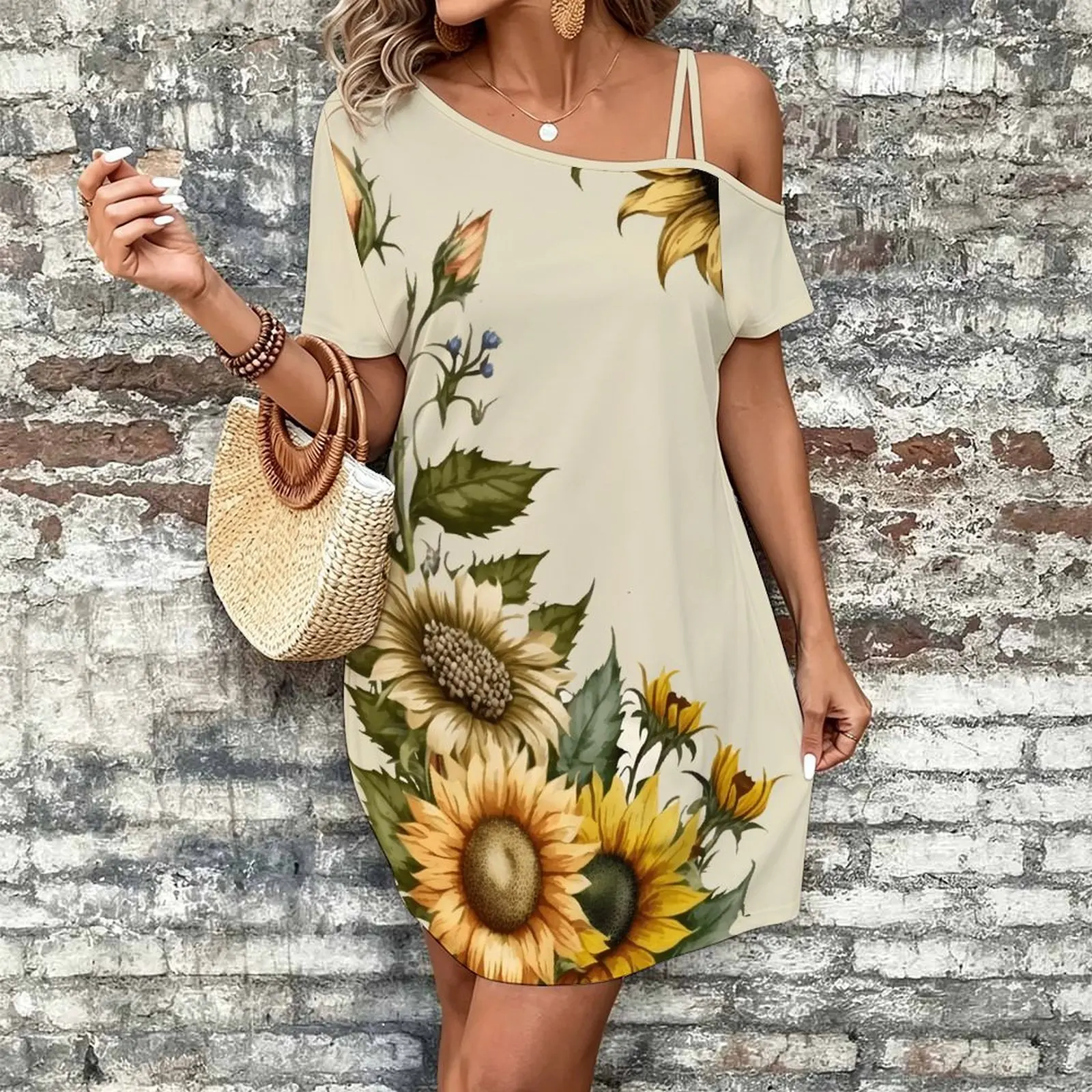 Women Print Cold Shoulder Short Sleeve Mini Dress Irregular Off Shoulder Casual Loose Tunic Dress