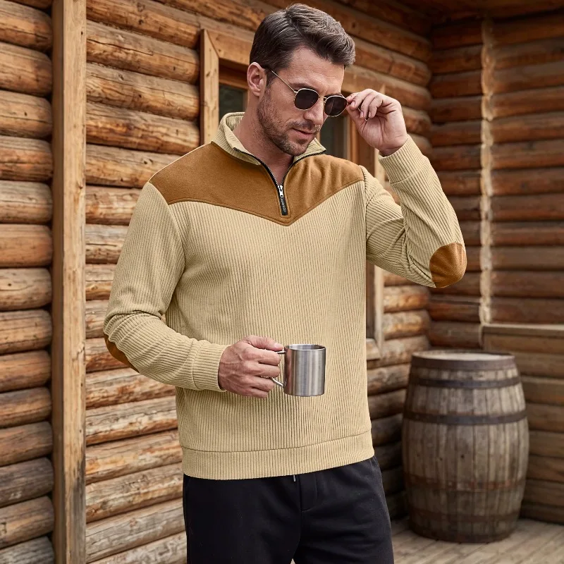 Men's Vertical Ribbed Half Zip Stand Collar Sweatshirt Suede Patch Elbow Shoulder Pullover Vintage Color Block Long Sleeve Top