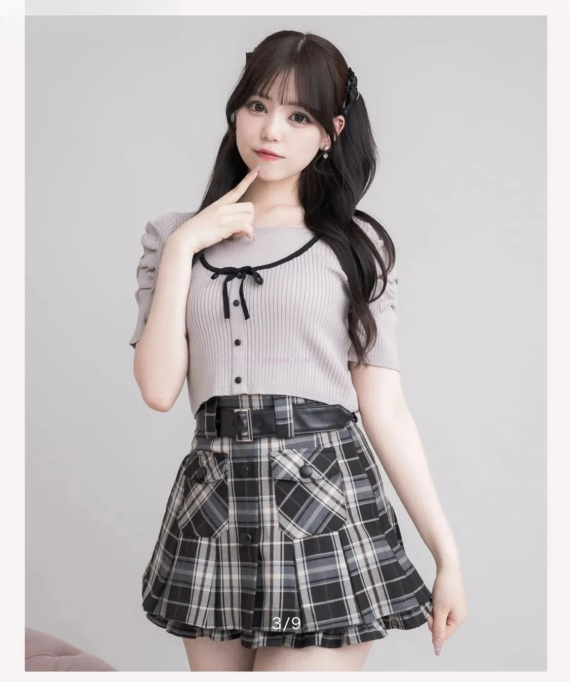

Japanese Pure Original U-neck Fake Two Pieces Short Top Sweet Girl Versatile Bow Ribbon Bubble Short-sleeved Knitted T-shirt