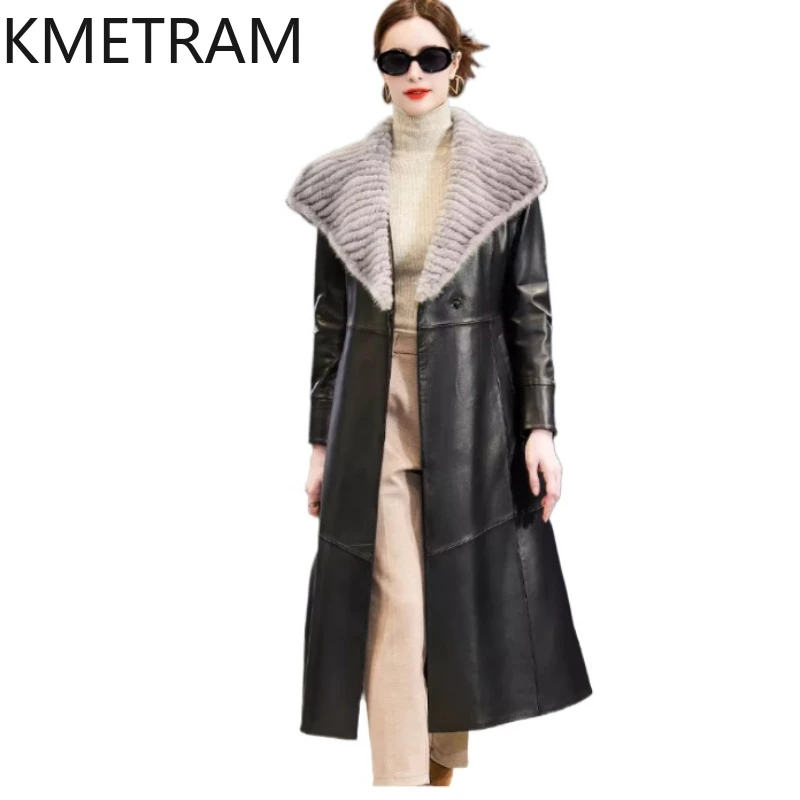 Pufferjacke aus echtem Schaffell für Damen, luxuriös, lange Daunenmäntel, Damen-Wintermantel mit Nerzpelzkragen, Damenkleidung, 20225, Projekteiro