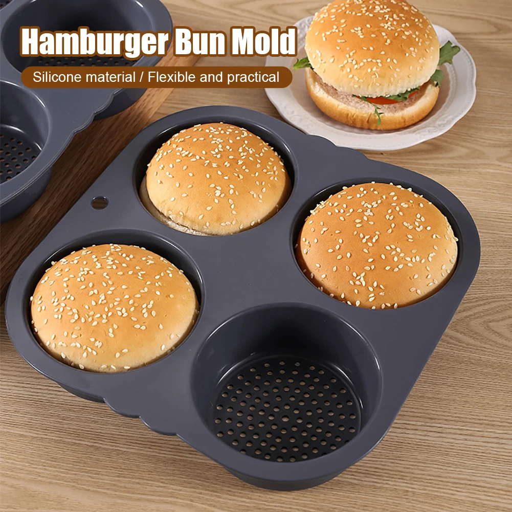 ซิลิโคนแฮมเบอร์เกอร์ Bun แม่พิมพ์เบเกอรี่แฮมเบอร์เกอร์ขนมปัง PAN Non-Stick แม่พิมพ์เครื่องล้างจานปลอดภัย 4 ฟันผุสําหรับเบอร์เกอร์ Buns ครัวเครื่องมือ